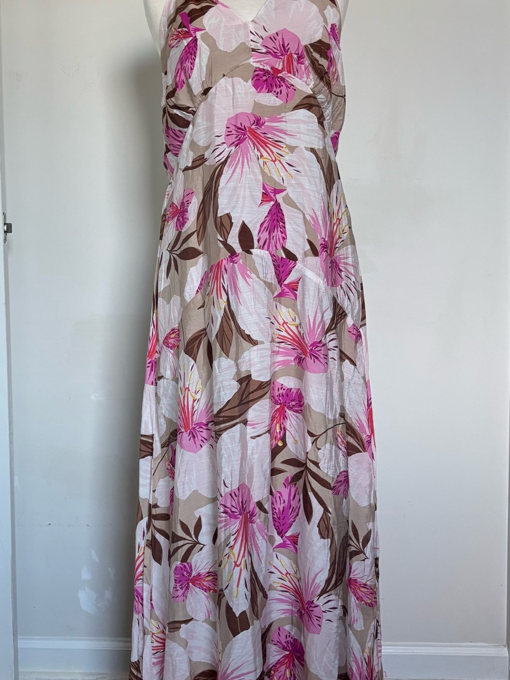 Pink Floral Maxi Dress with V-Neck - Lightweight Summer Maxi